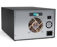 Rear view of MagStor BASE Series Fibre Channel desktop tape drive with FC ports, cooling fan, power switch, and AC input