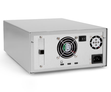 Rear panel of MagStor TRB5-HL8-AIR showing Thunderbolt USB4 ports, SAS expansion, and power connection