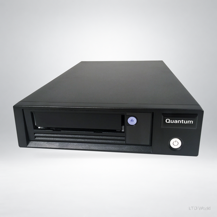 Quantum TD-L82BN-AR tabletop tape drive - source product photo, generated alternate studio background and LTO World watermark