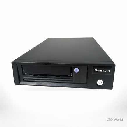 Quantum TD-L82BN-FZ tabletop tape drive - authentic product photo, studio background treatment with LTO World watermark