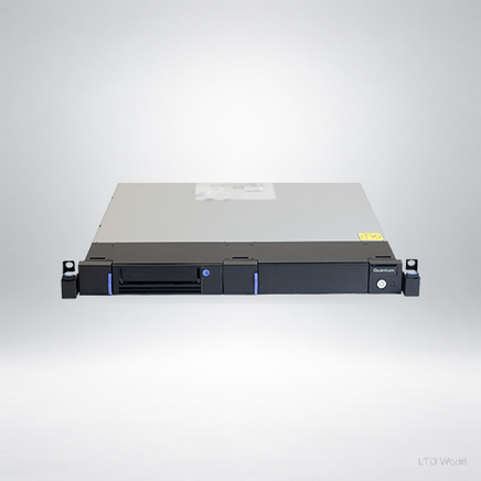Quantum TD-L83CN-AR 1U rackmount tape drive - manufacturer family hardware photo, generated alternate studio background and LTO World watermark