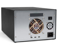 Rear view of MagStor BASE Series Thunderbolt / USB4 desktop tape drive showing ports, cooling fans, power switch, and AC input