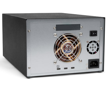 Rear view of MagStor BASE Series Thunderbolt / USB4 desktop tape drive showing ports, cooling fans, power switch, and AC input